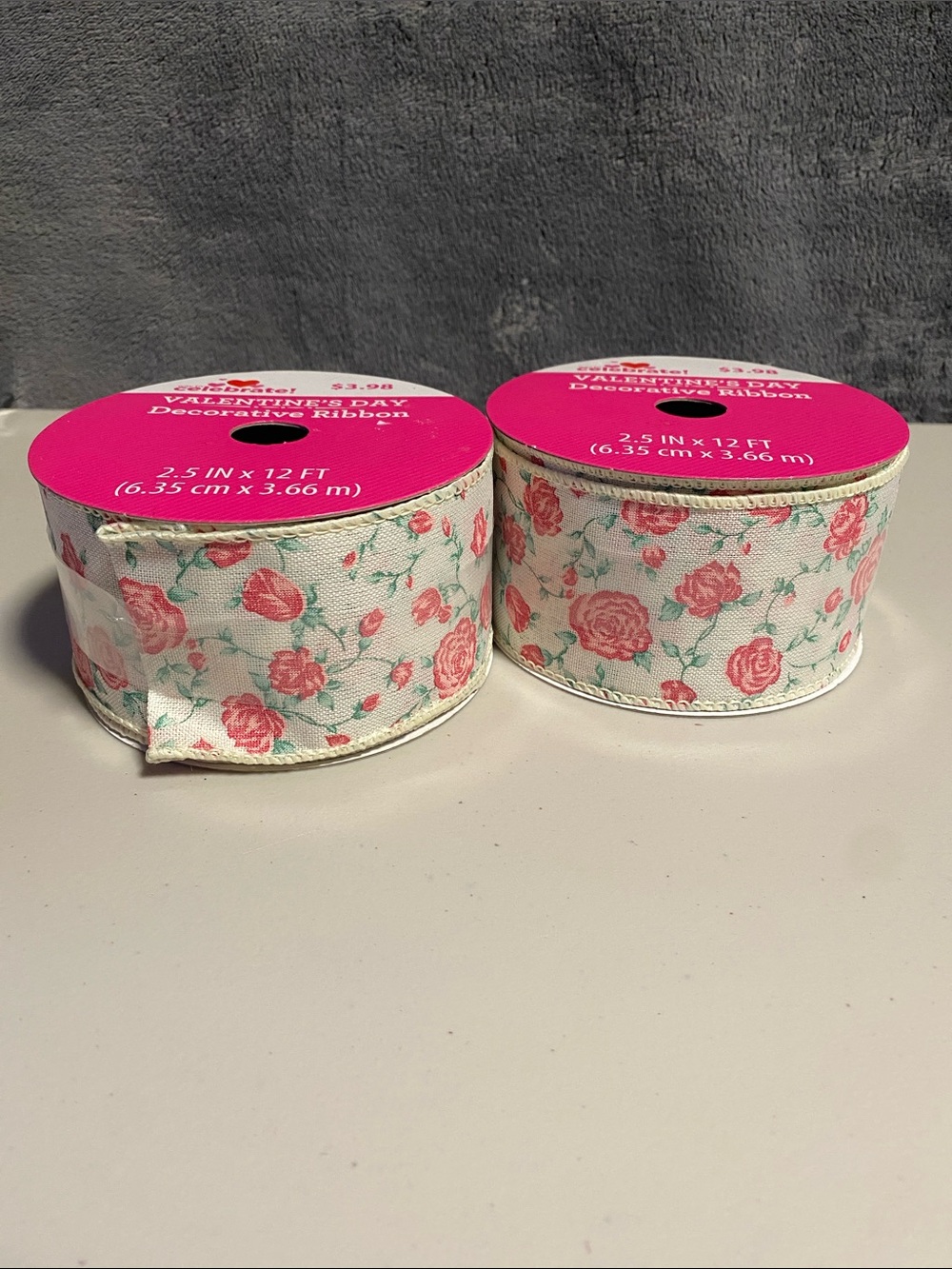 Set of 2 NWT Pink Rose Spring Valentine's Day Ribbon Spools